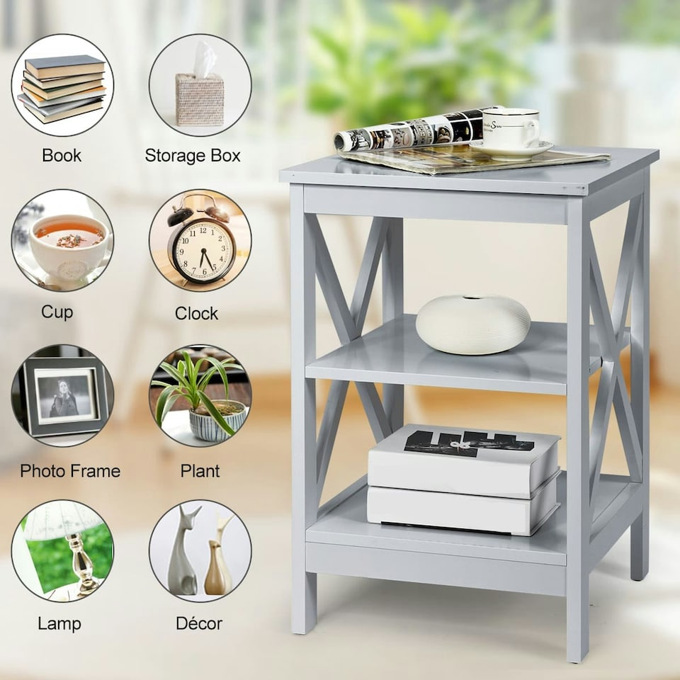 image 1 of COSTWAY 3-Tier Nightstand Side Table X-Design End Table Grey