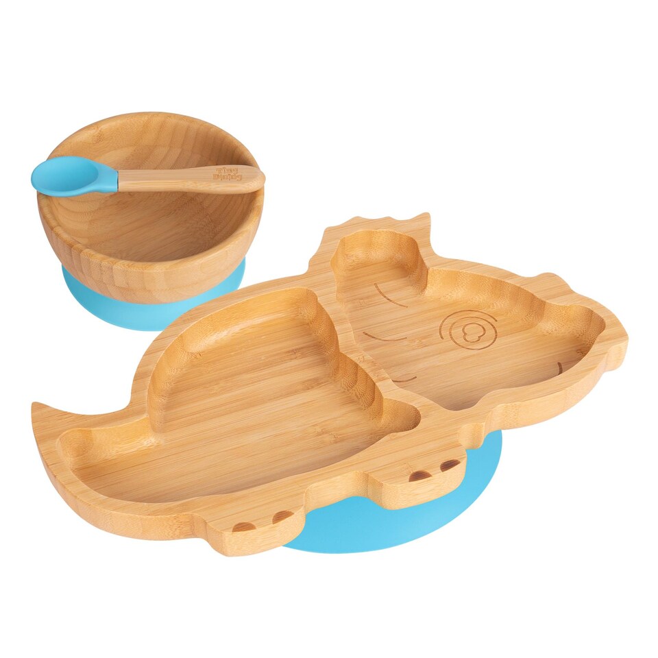 image 1 of Tiny Dining Children's Bamboo Suction Dinosaur Dinner Set - Blue