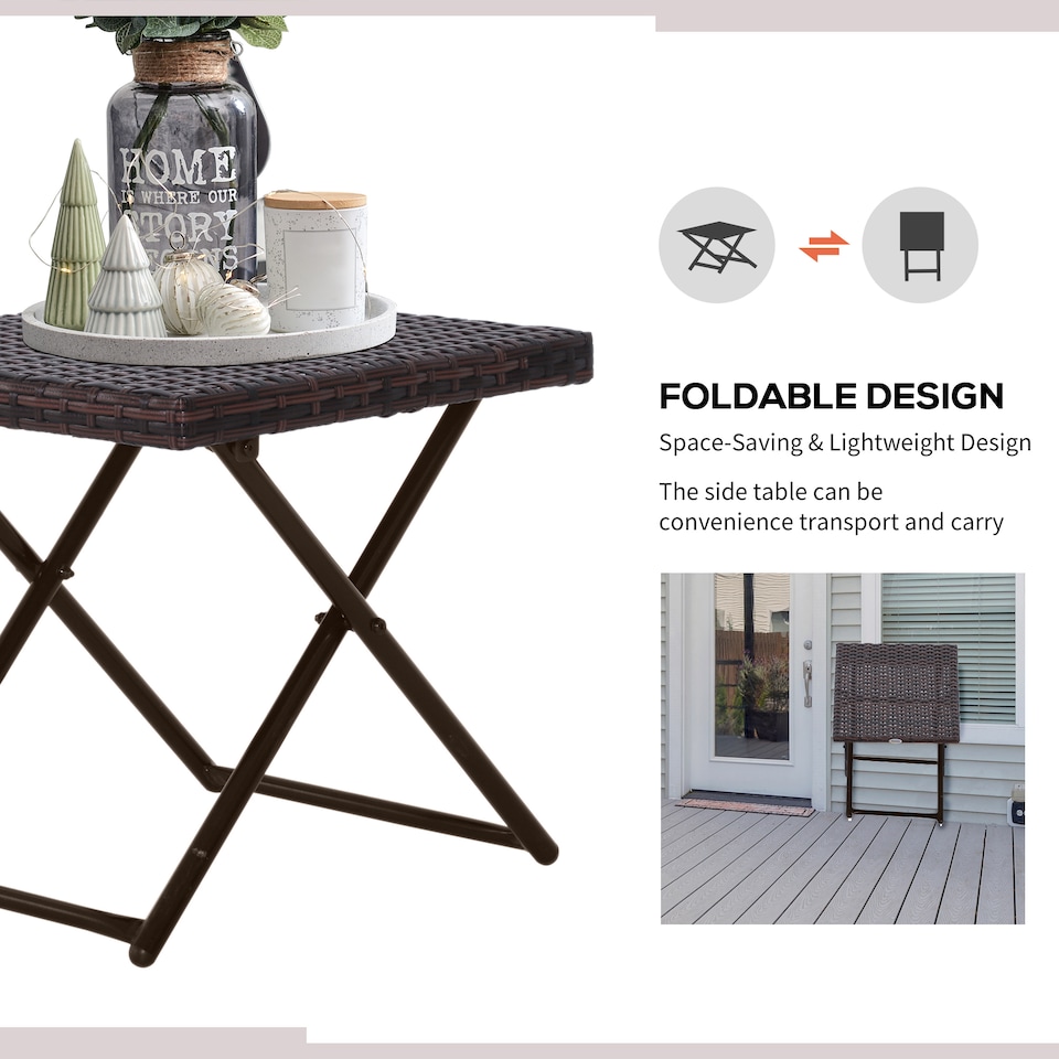 image 1 of Outsunny Folding Rattan Garden Coffee Table, Small Square Outdoor Bistro Side Table with Rattan Top for Patio, Balcony, Porch, 40 x 40 x 40 cm, Brown