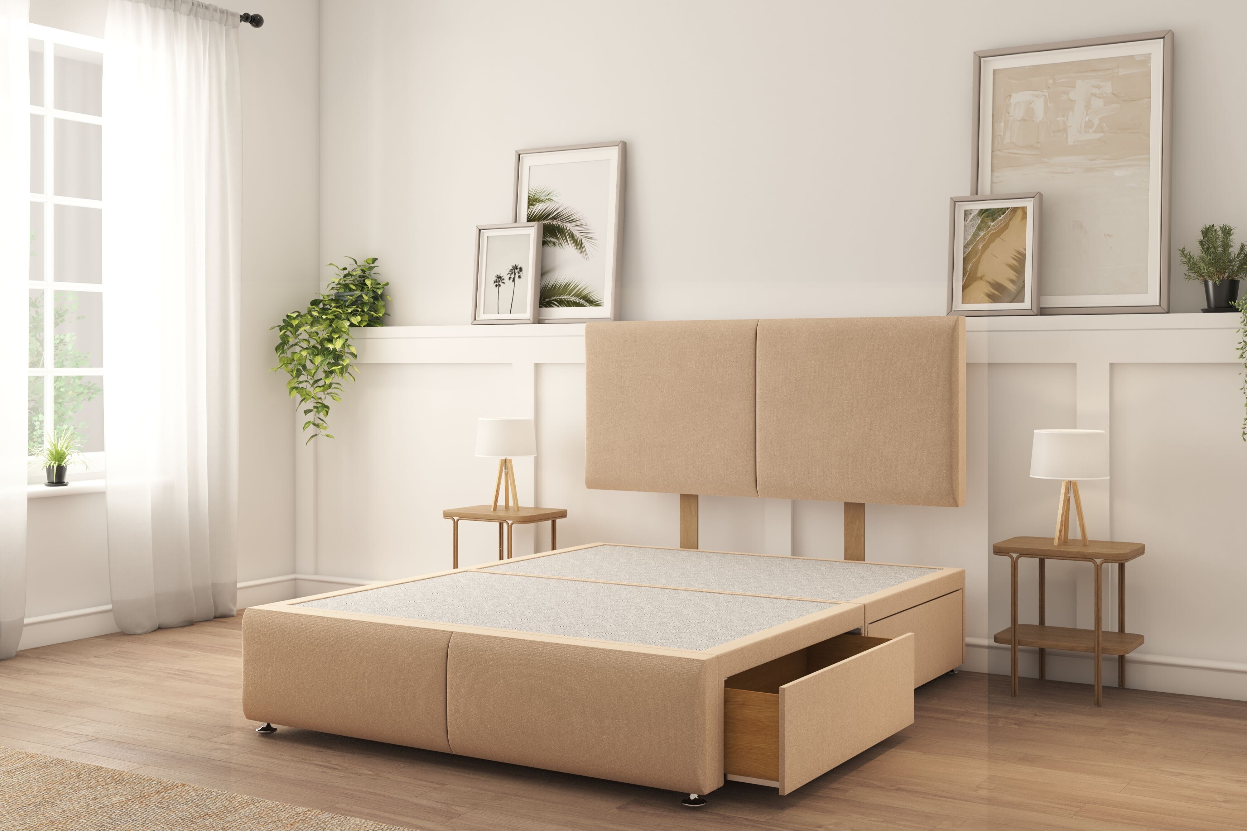 Sloomy Vienna Pebble Plush Divan Bed Base 2 Drawers Right Side With 26" Strutted Headboard & 12" Footboard 4'6 Double