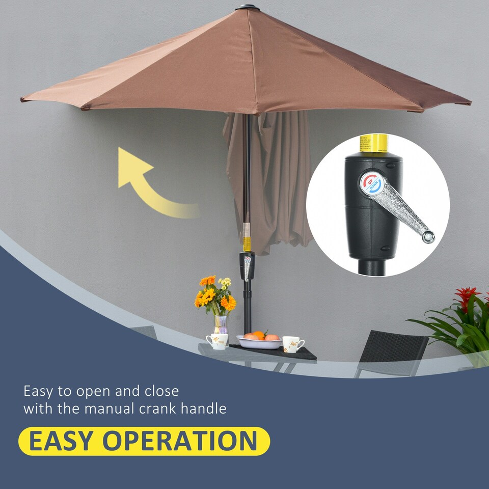image 1 of Outsunny 2m Half Garden Parasol Market Umbrella with Crank Handle, Base
