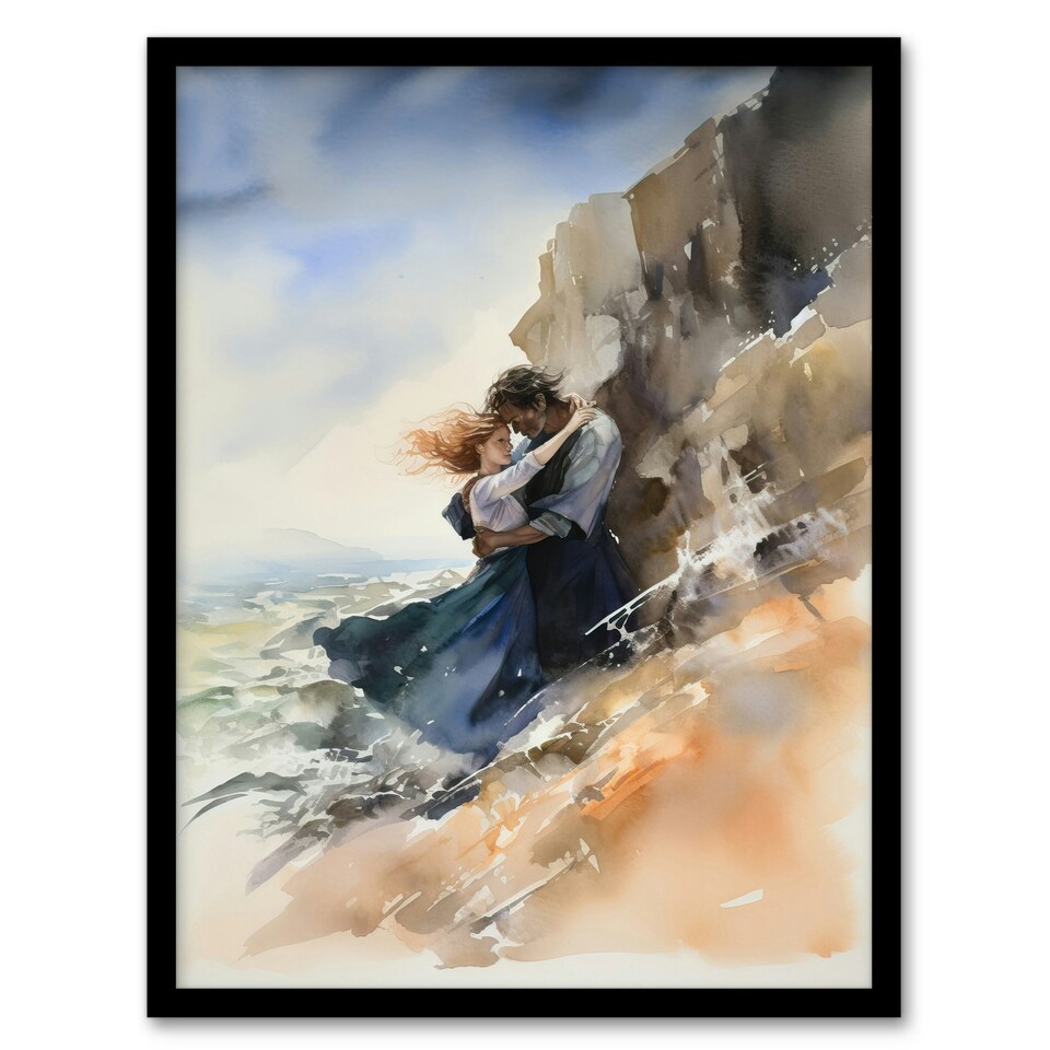 image 1 of Couple Embrace Dramatic Coastal Cliff Home Decor Black Framed Wall Art Print A4