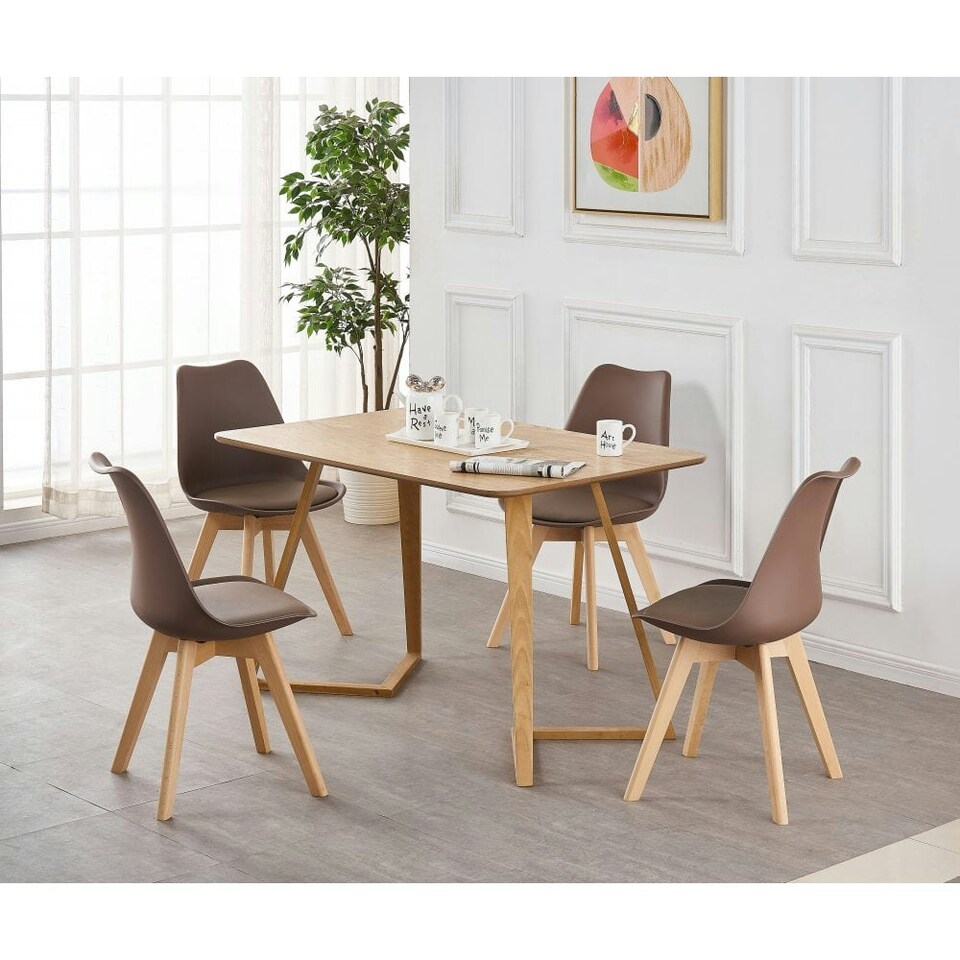 image 1 of Single Scandinavian Dining Chair with Leather Cushions Solid Wood Legs Brown