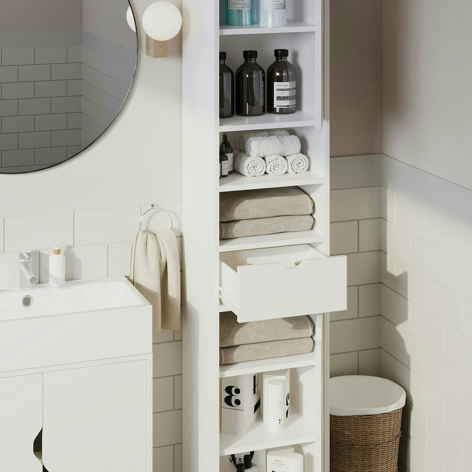 image 1 of 2 Door 1 Drawer Bathroom Cabinet | White | Oak / Oak