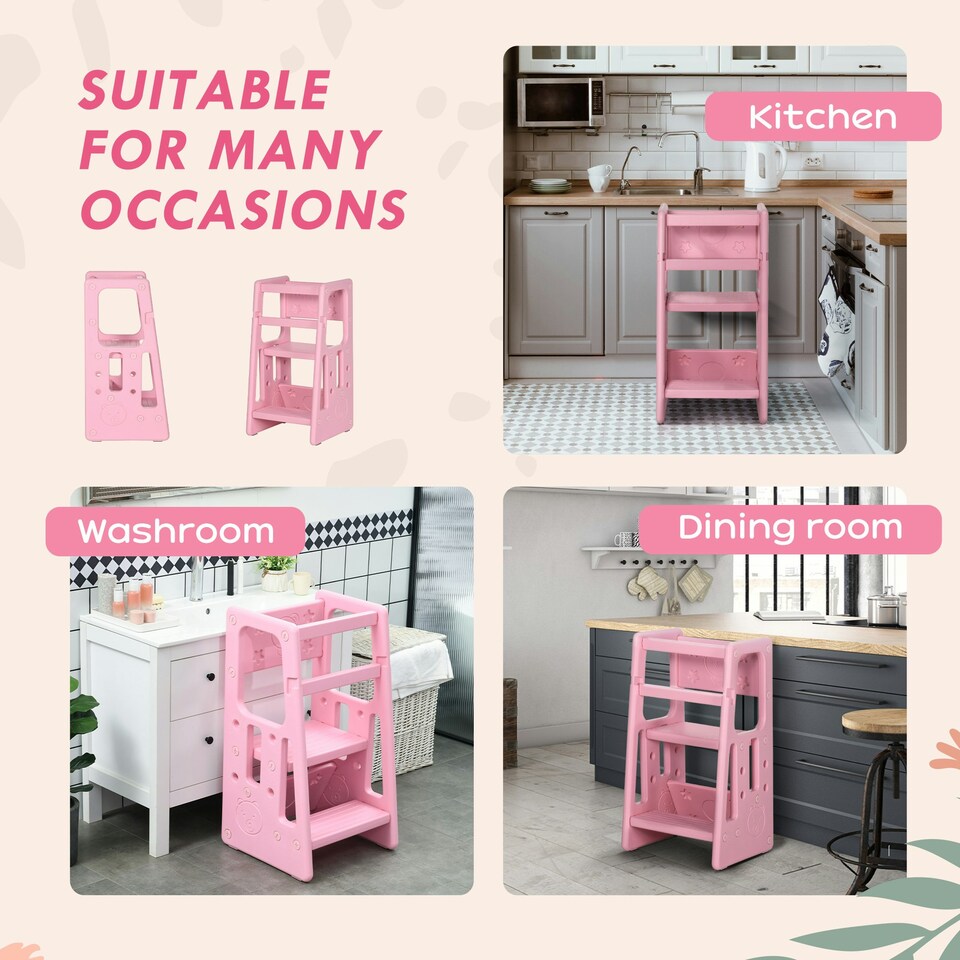 image 1 of HOMCOM Kids Step Stool, Adjustable Standing Platform, Toddler Kitchen Stool Pink