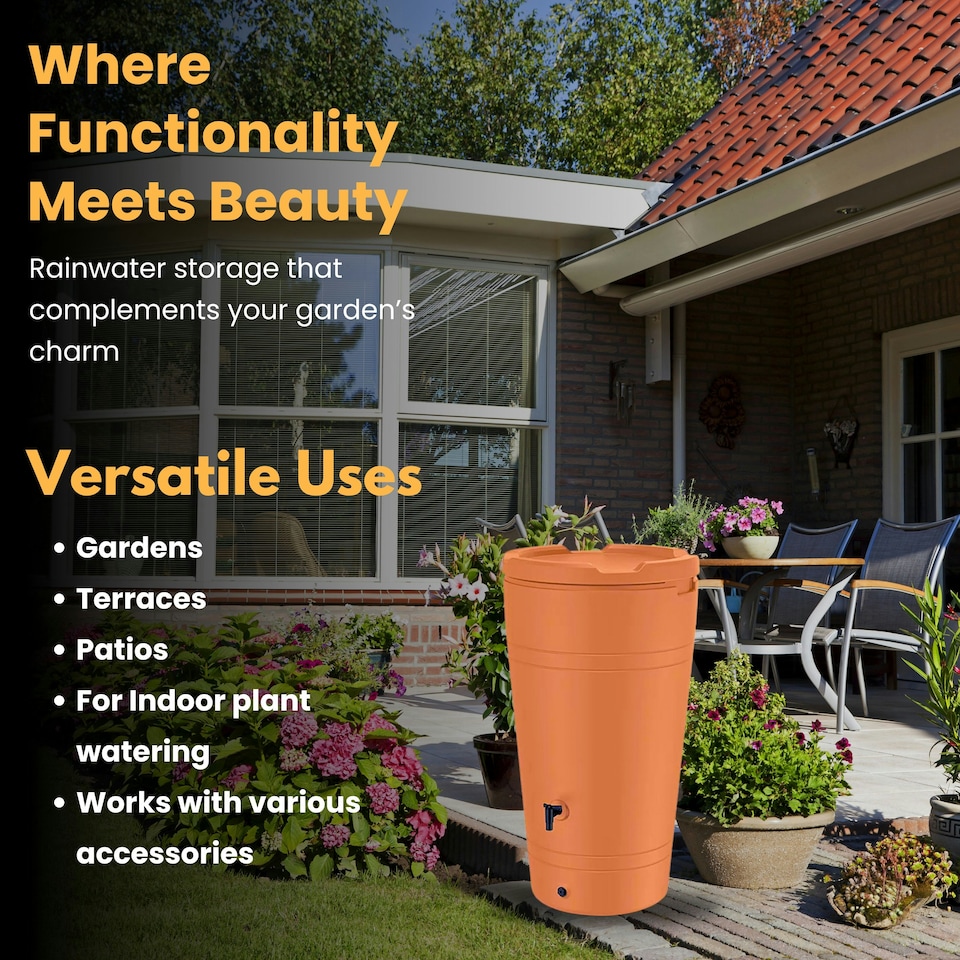image 1 of Water Butt Kit with Tap, Diverter & Bio Cleaner –  Rainwater Collector for Garden, Balcony & Terrace – Durable Plastic Water Storage Tank Brown | 230L
