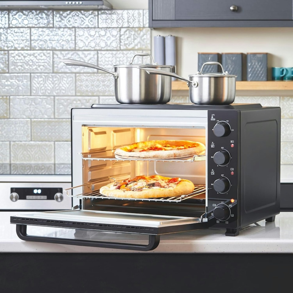 image 1 of Cooks Professional Mini Oven | 48 Litre with 2 Ceramic Hobs | 1800W Oven | 1000W and 1500W Ceramic Hobs | Black Contemporary