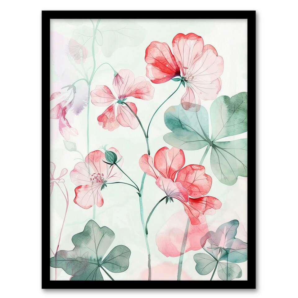 image 1 of Red Pastel Geranium Flowers Modern Home Decor Black Framed Wall Art Print A4