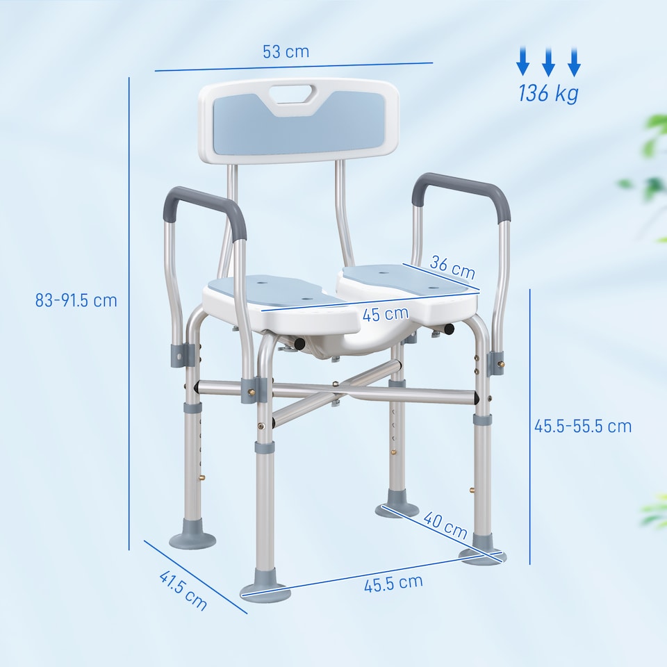 image 1 of HOMCOM Shower Chair with Hygiene Cut-Out Seat and Reinforced Crossbars, Height Adjustable Padded Bath Chair with Non-slip Feet for Elderly Seniors Disabled Handicap, Tool-Free Assembly, Light Blue