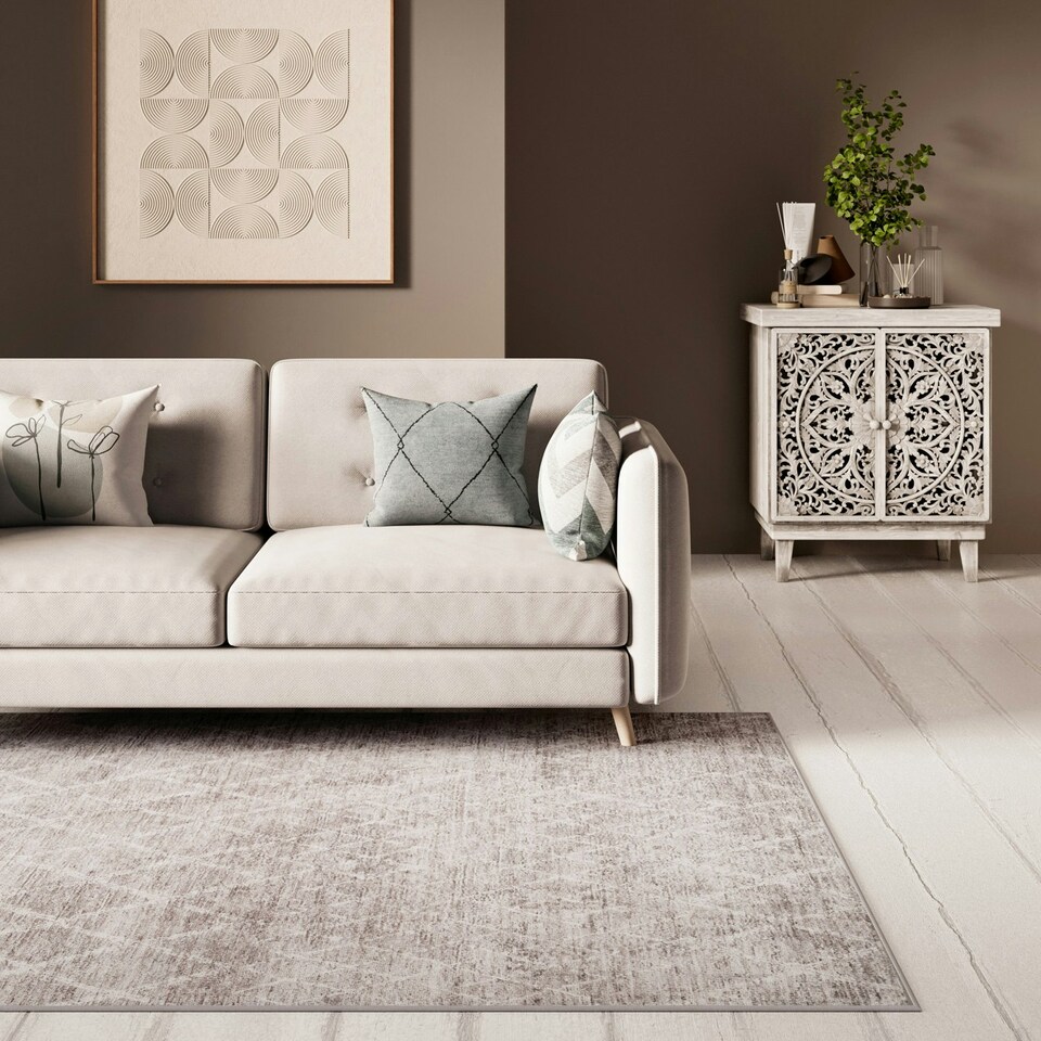 image 1 of Beige Grey Distressed Geometric Trellis Washable Living Room Area Rug-120x170cm Cream
