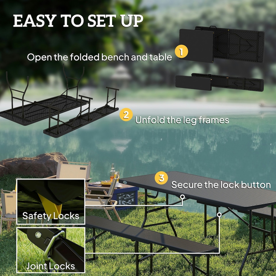 image 1 of Outsunny Rattan Effect Folding Picnic Table and Bench Set w/ Handles, Black