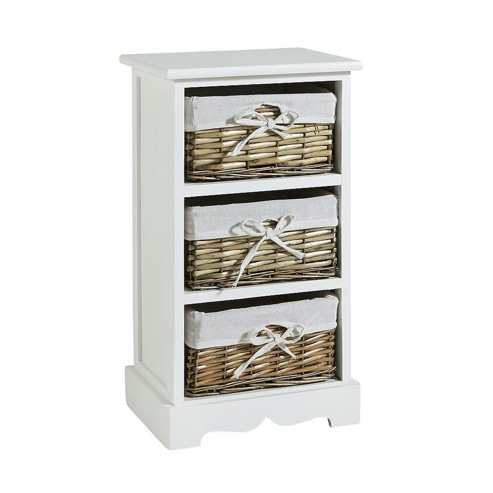 image 1 of Wooden Chest Of Drawer Storage Unit Willow Wicker Baskets Bedside Fully Assembled White | 3 Drawers