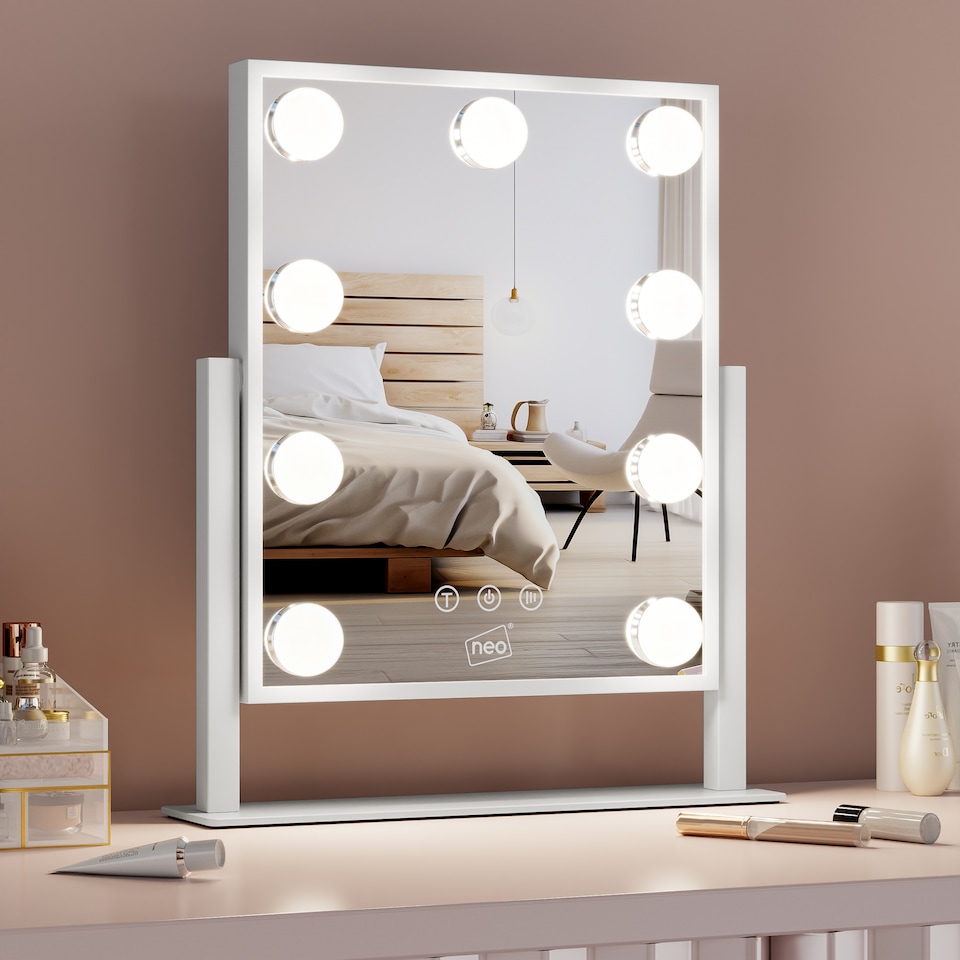 image 1 of Neo Hollywood Vanity Touch Mirror with 9 LED Bulbs Lights Makeup Lighted 360° Rotation 3 Colour Dimmable Lighting Modes