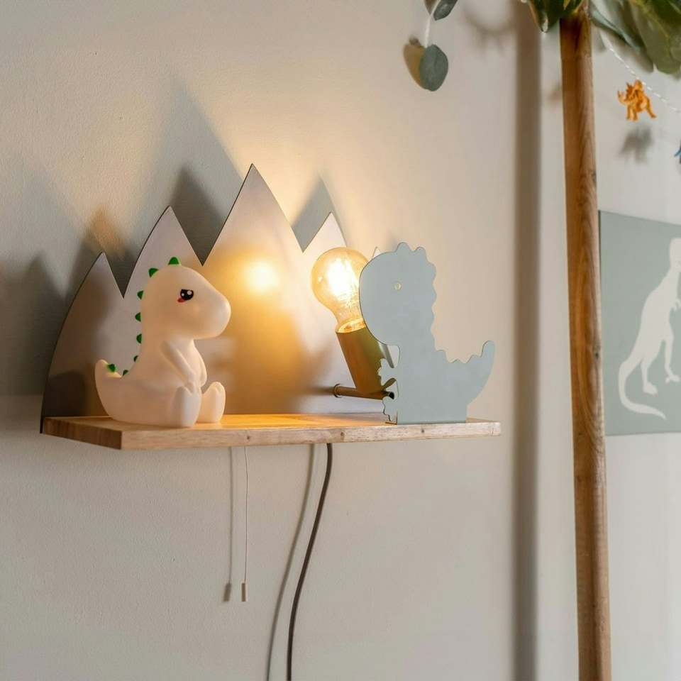 image 1 of ValueLights Green Dinosaur Plug in Wall Light with Shelf and Pull Cord Switch