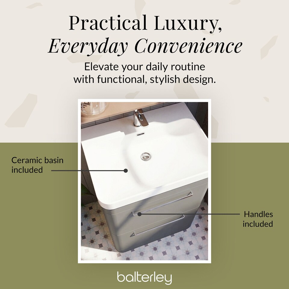 image 1 of Balterley Floor Standing 2 Drawer Vanity Unit with Ceramic Basin | Grey | Cool Grey | 862 x 607 x 460mm