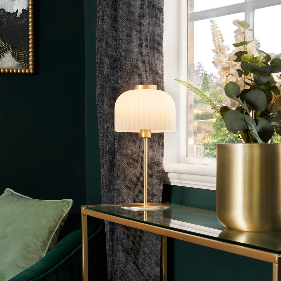 image 1 of BHS Binita Glass Ribbed Table Lamp, Opal & Brass