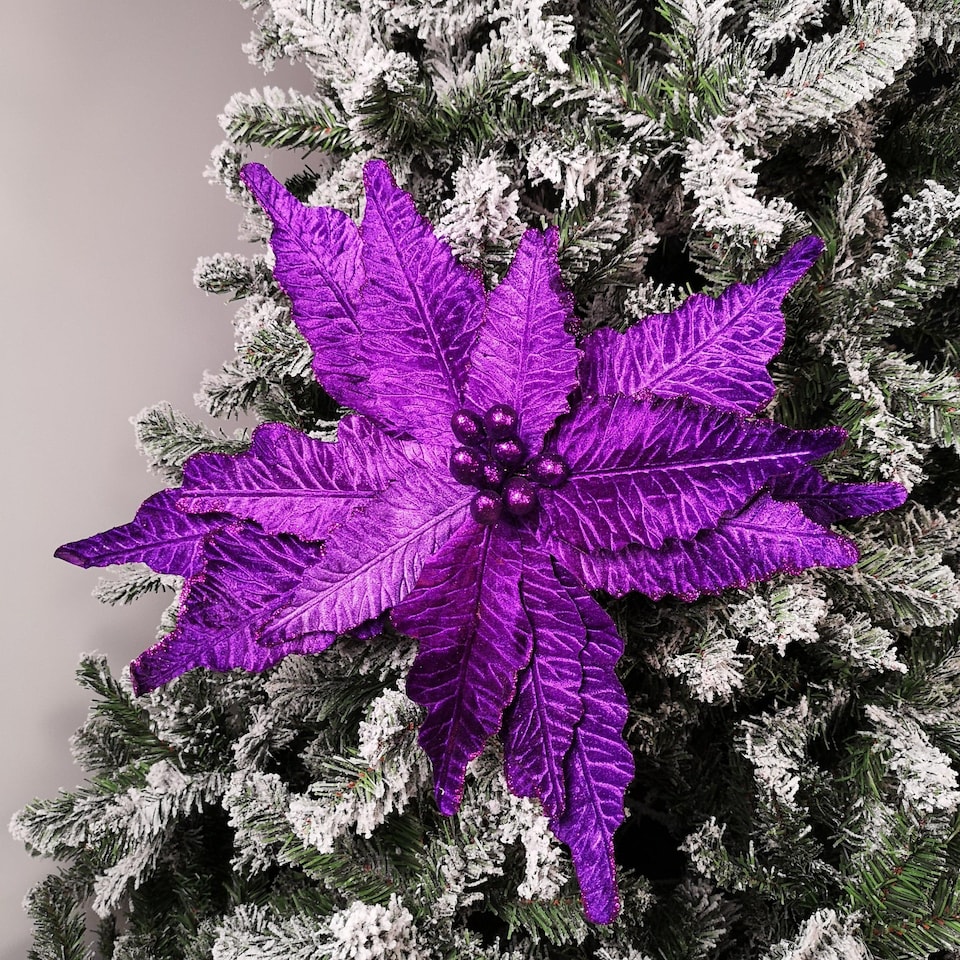 image 1 of 76cm Purple Velvet Poinsettia Stem with Glitter Christmas Decoration