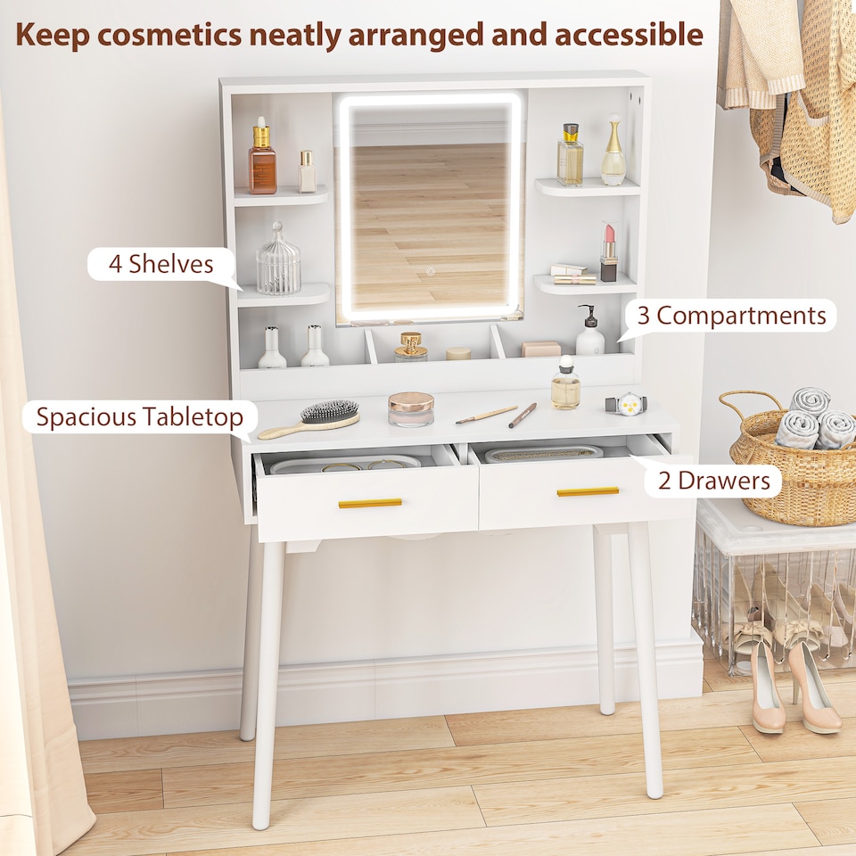 image 1 of HOMCOM Dressing Table with LED Lighted Mirror and Cushioned Stool White
