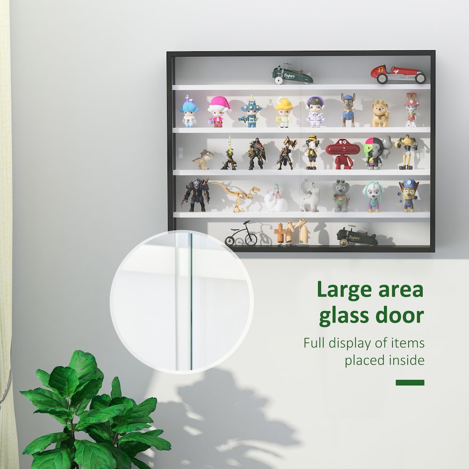 image 1 of HOMCOM 5-Tier Wall Mounted Display Cabinet, Display Case with 4 Adjustable Shelves, Glass Doors for Home Office Ornaments 60x80cm, Black and White