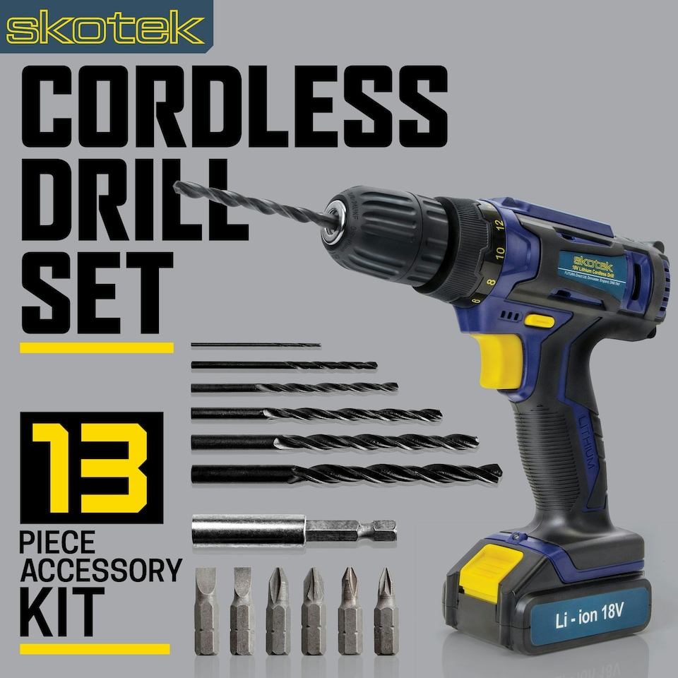 image 1 of Skotek 18V Cordless Drill & 13pc Screwdriver Set (Battery & Charger Included)