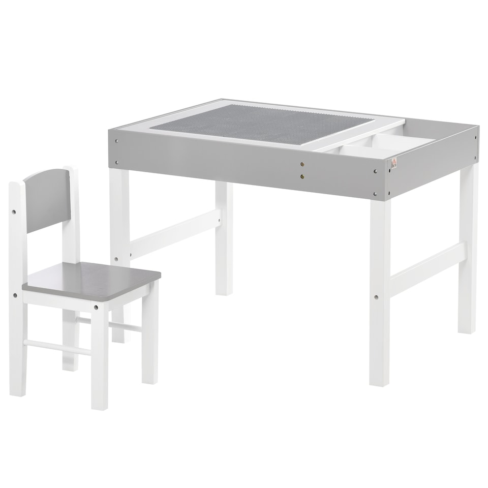 image 1 of HOMCOM kids Table and Chair Set 2 in 1 Activity Play Table for Bricks w Storage | Grey