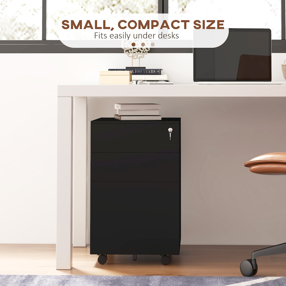 image 1 of Vinsetto 3-Drawer Vertical Filing Cabinet with Pencil Tray, Lock and 5 Wheels, Steel Mobile File Cabinet, for A4, Legal and Letter Size, Pre-Assembled Body, Black