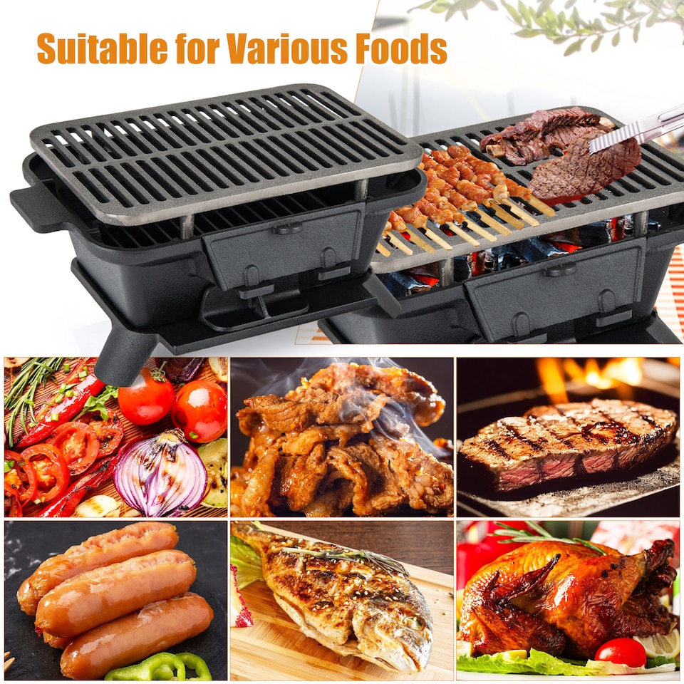image 1 of COSTWAY 100% Cast Iron Hibachi Grill Portable Charcoal Grill