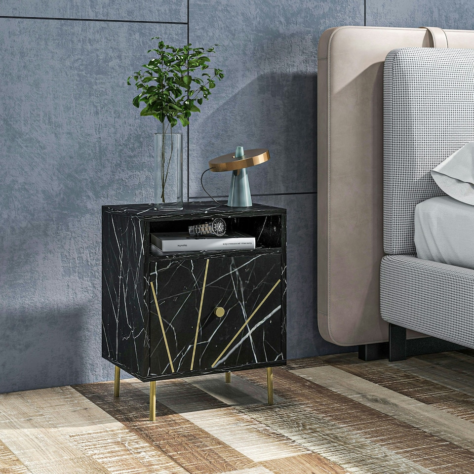 image 1 of HOMCOM Modern Bedside Table with Drawer and Open Shelf Black Marble Effect
