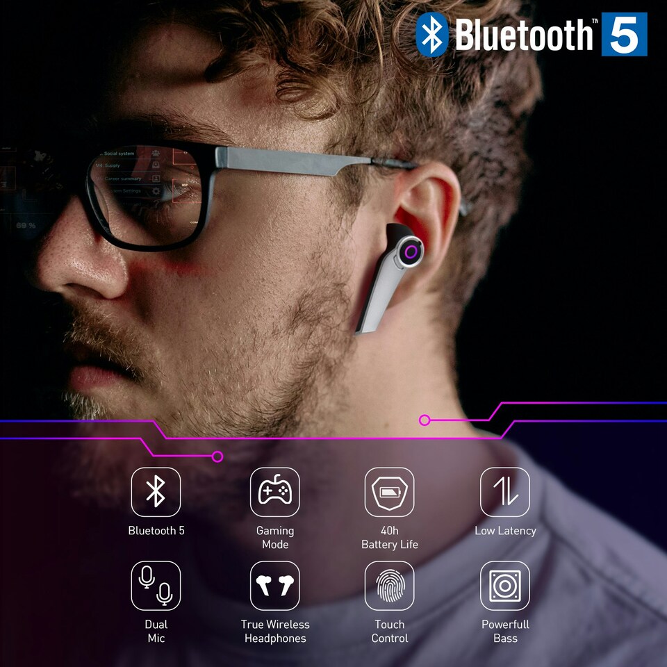 image 1 of Bluetooth Gaming Earphones Dual Microphone with USB-C Charging Case - August EPG500 Black