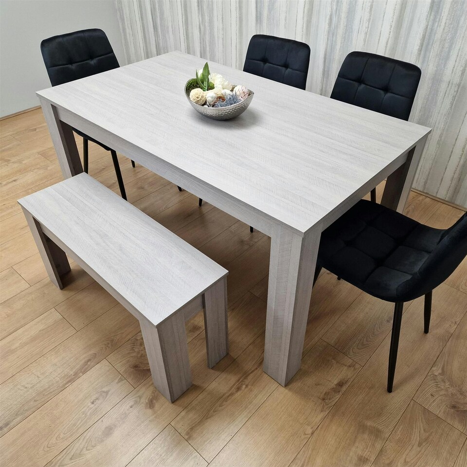 image 1 of Modern Grey Rectangle Dining Table Set With 4 Cream Gem Chairs And 1 Bench Dining Room Furniture | Cream | One Size | 6