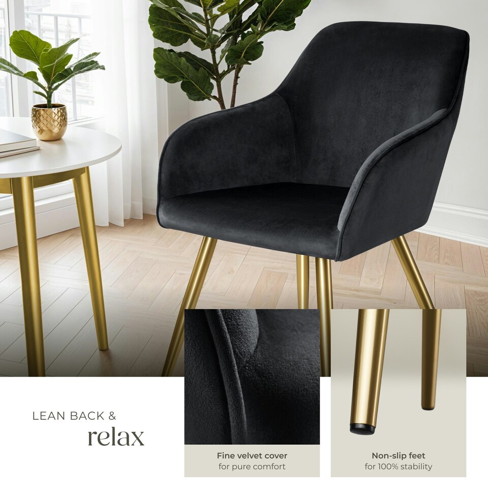 image 1 of Chair Marilyn - with armrests, padded, velvet look, golden steel legs - Set of 6 Black | Black/Gold