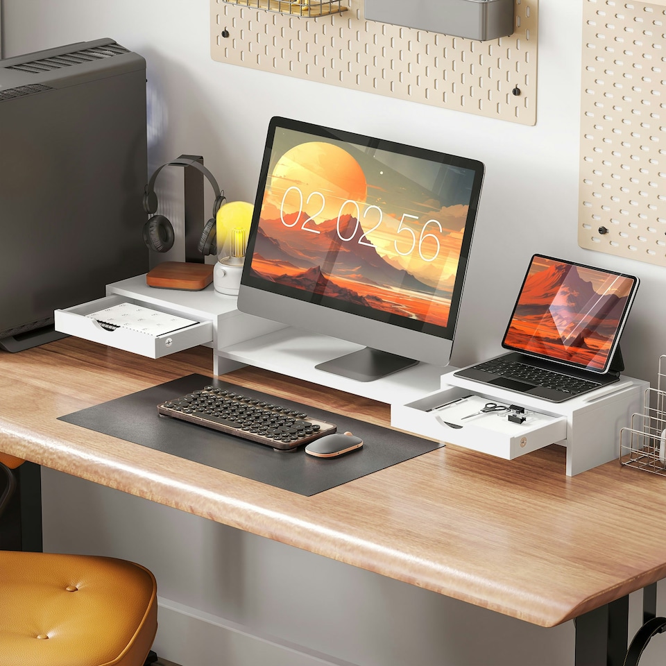 image 1 of HOMCOM Dual Monitor Stand Riser with Adjustable Length and Angle, White