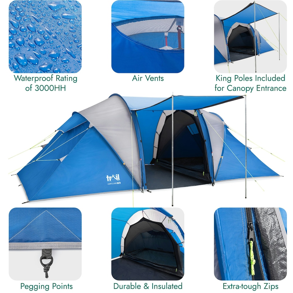 image 1 of Trail Hartland 4 Man Family Tunnel Tent Darkened Bedrooms 3000mm HH Camping | Blue | 1