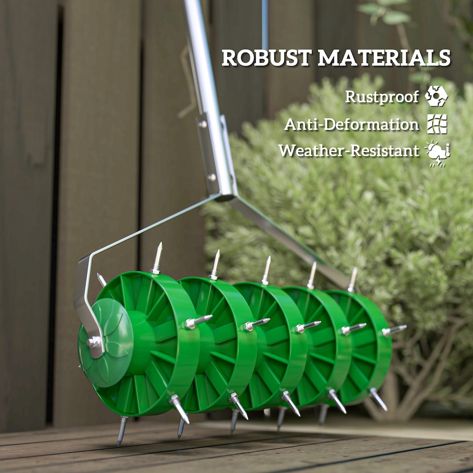 image 1 of Outsunny Grass Spike Roller, Soil Aerator w/ 3 Piece Handle and T-bar Grip | Green