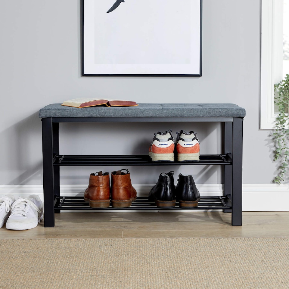 image 1 of Metal Shoe Bench with Storage Shelfs For Entryway Hallway Seating | Grey