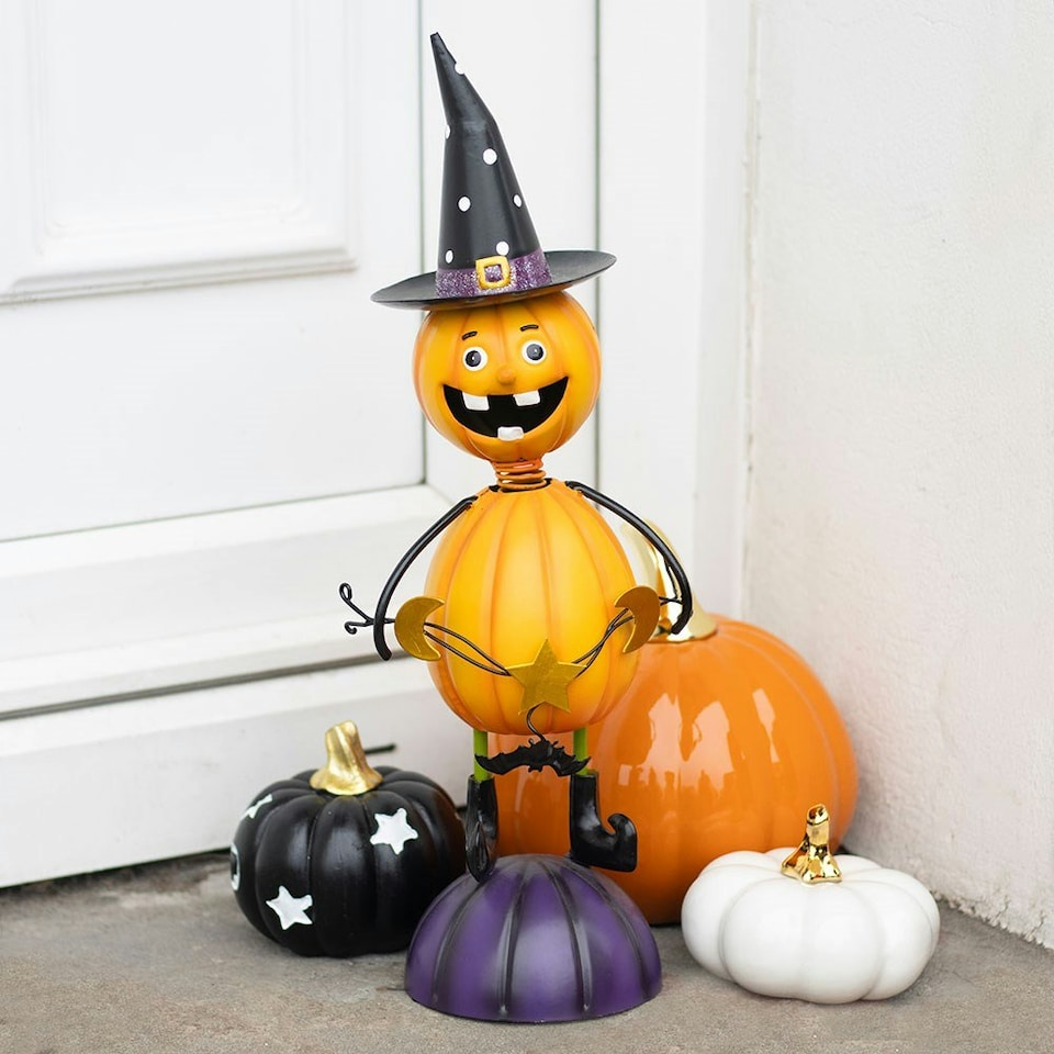 image 1 of Orange Metal Pumpkin Man Halloween Ornament with Witch Hat