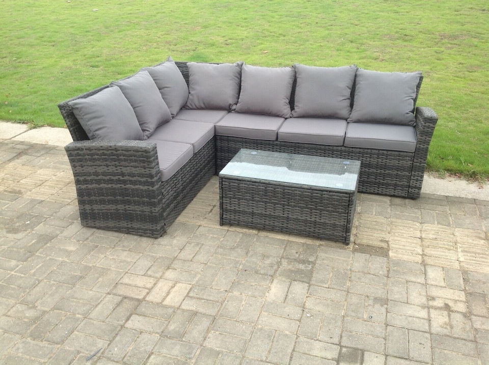 Fimous High Back Rattan Corner Sofa Set Oblong Coffee Table Outdoor Furniture dark Grey Left Option