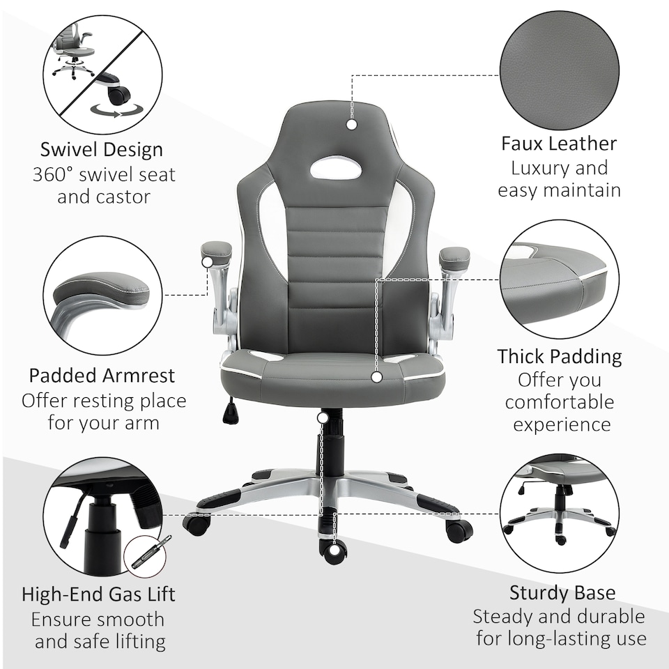 image 1 of Vinsetto Computer Gaming Chair, Office Desk Swivel Chair, PU Leather Racing Chair with 90 Flip-up Armrest, Adjustable Height and Rolling Wheels, Grey