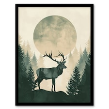 Full Moon Forest Hill Stag Green Black Framed Wall Art Print A4