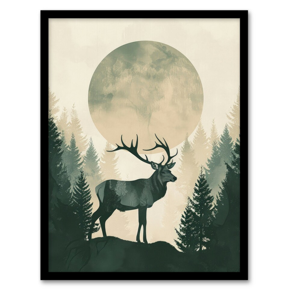 image 1 of Full Moon Forest Hill Stag Green Black Framed Wall Art Print A4