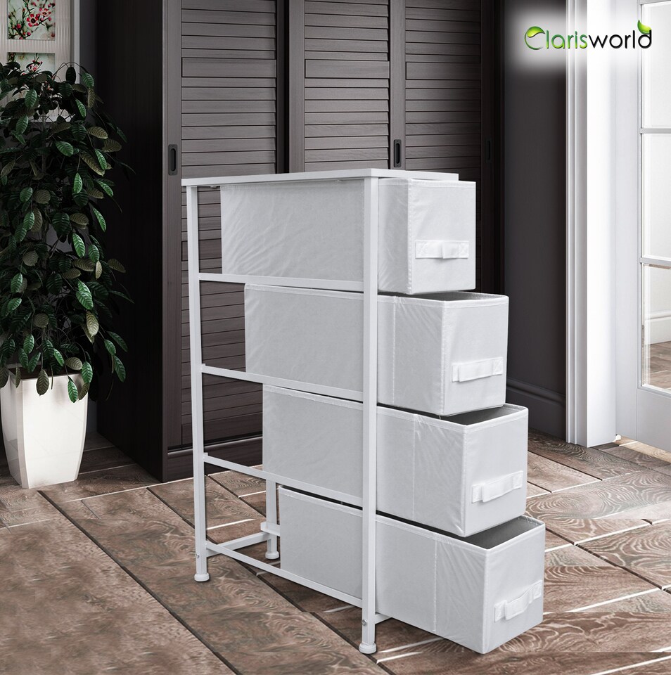 image 1 of Clarisworld 4 Narrow Drawer Storage Tower Dresser with Wood Top, Steel Frame & Laminated Fabric Drawers, Slim Storage Organiser Unit for Bedroom, Hallway, Entryway, Closet & Office