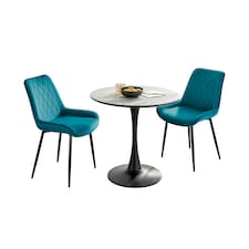 Furniturebox Elina White Marble Effect Round Dining Table & 2 Blue Pesaro Black Leg Chairs