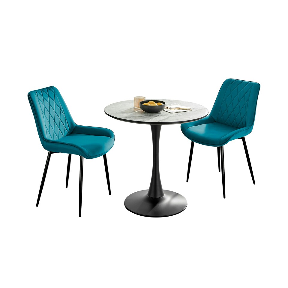 image 1 of Furniturebox Elina White Marble Effect Round Dining Table & 2 Blue Pesaro Black Leg Chairs