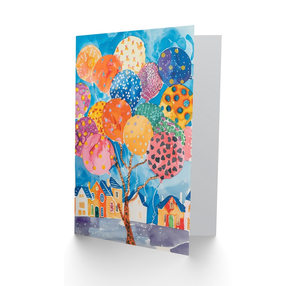 image 1 of Balloon Tree Village Colourful Watercolour Her Birthday Card