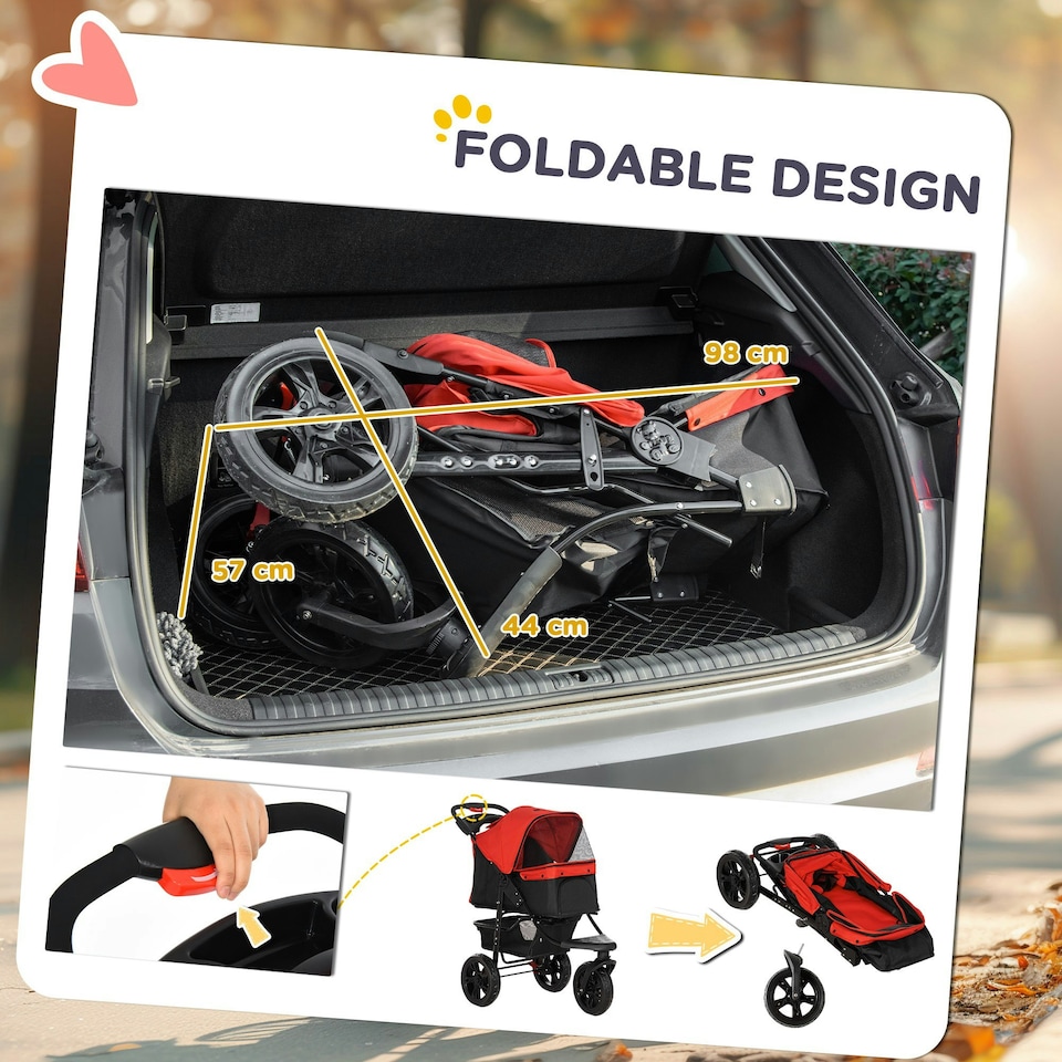 image 1 of PawHut Folding 3 Wheel Pet Stroller Travel Adjustable Canopy Storage Brake Red
