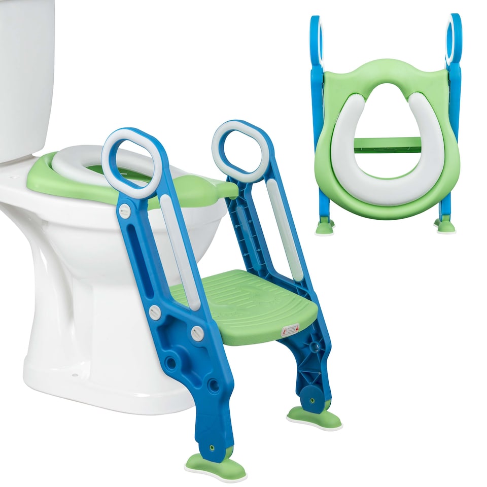 image 1 of Children Baby Toddler Kid Potty Training Toilet Seat Trainer Urinal Chair with Ladder, Green & Blue