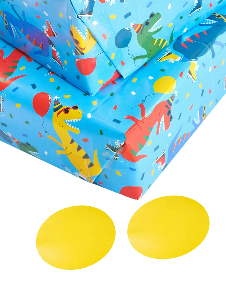 image 1 of Multipack of 6 Sheets of Wrapping Paper & 6 Tags | Birthdays | For Boys | Dino Design | Blue
