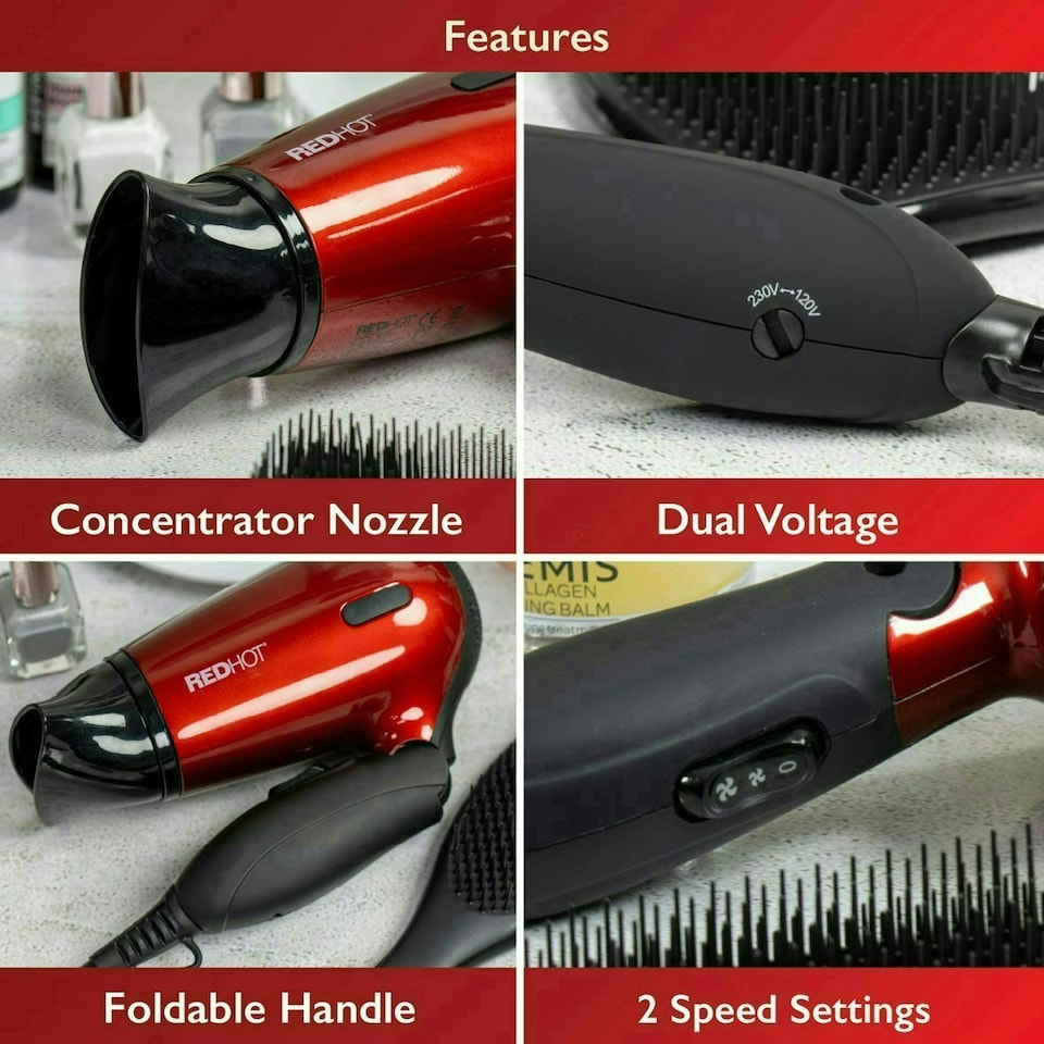 image 1 of Red Hot 1200W Travel Hair Dryer with Folding Handle