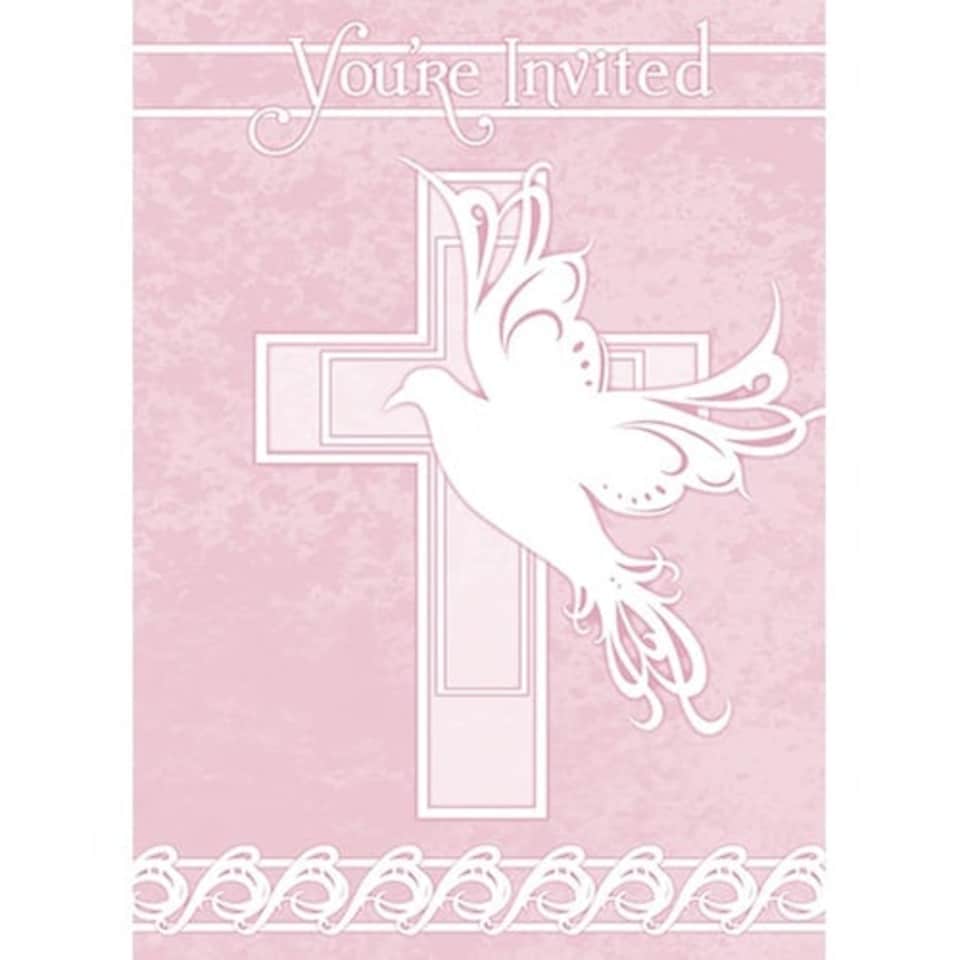 Pink Dove Cross Invitations with Envelopes - Pack of 8