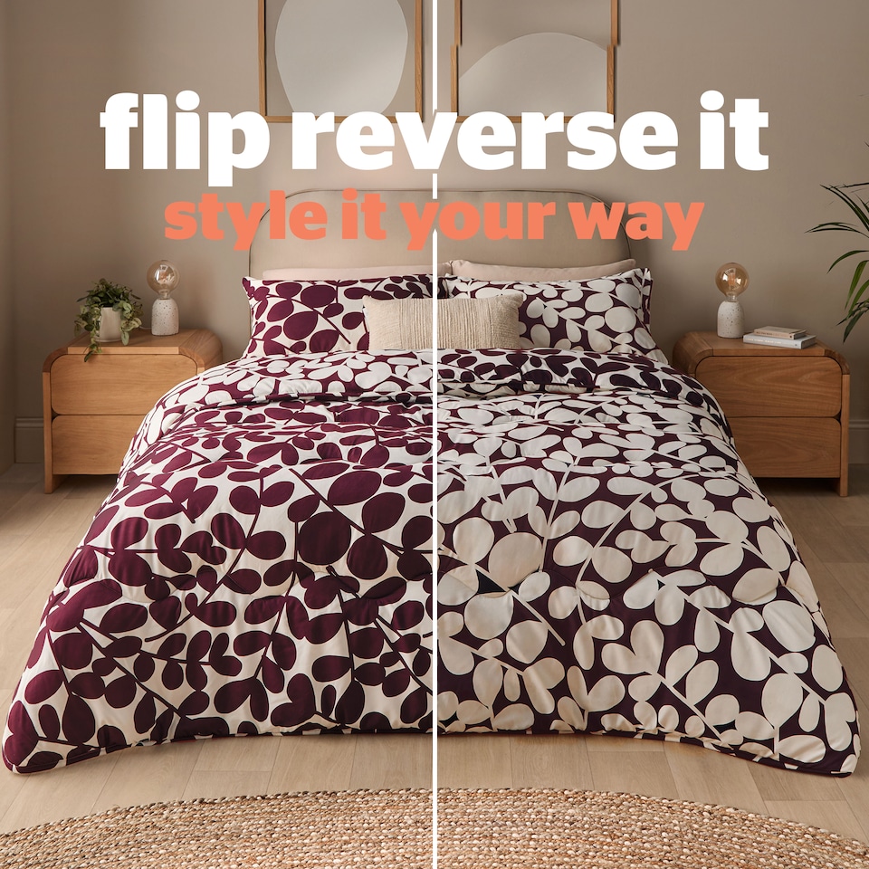 image 1 of Silentnight Coverless Duvet and Pillowcase Set, Leaf Print | Purple | Berry | Single